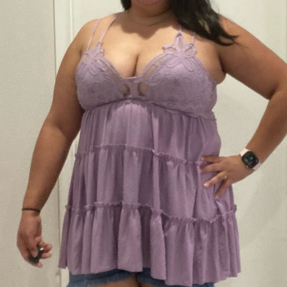 Zenana Purple Boho Tiered Crochet Lace Top